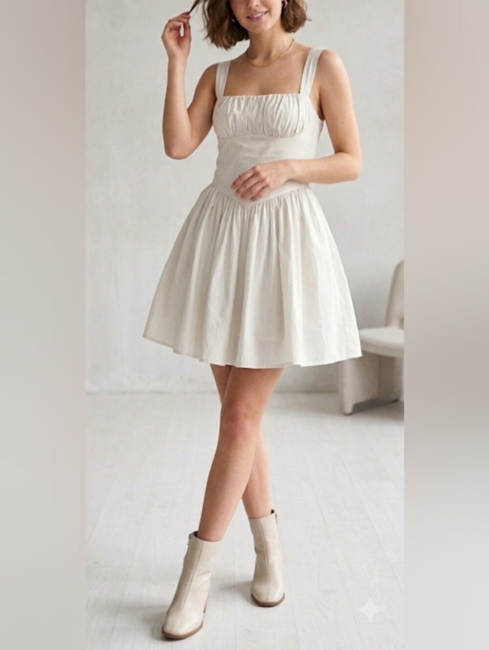 Zara Gathered Voluminous Mini Dress In Bone- Size S